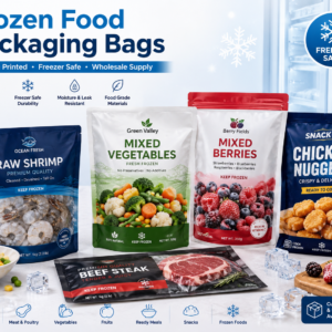 Custom frozen food packaging bags for shipping, wholesale distribution, frozen vegetables, seafood, meat, and snack food packaging applications.