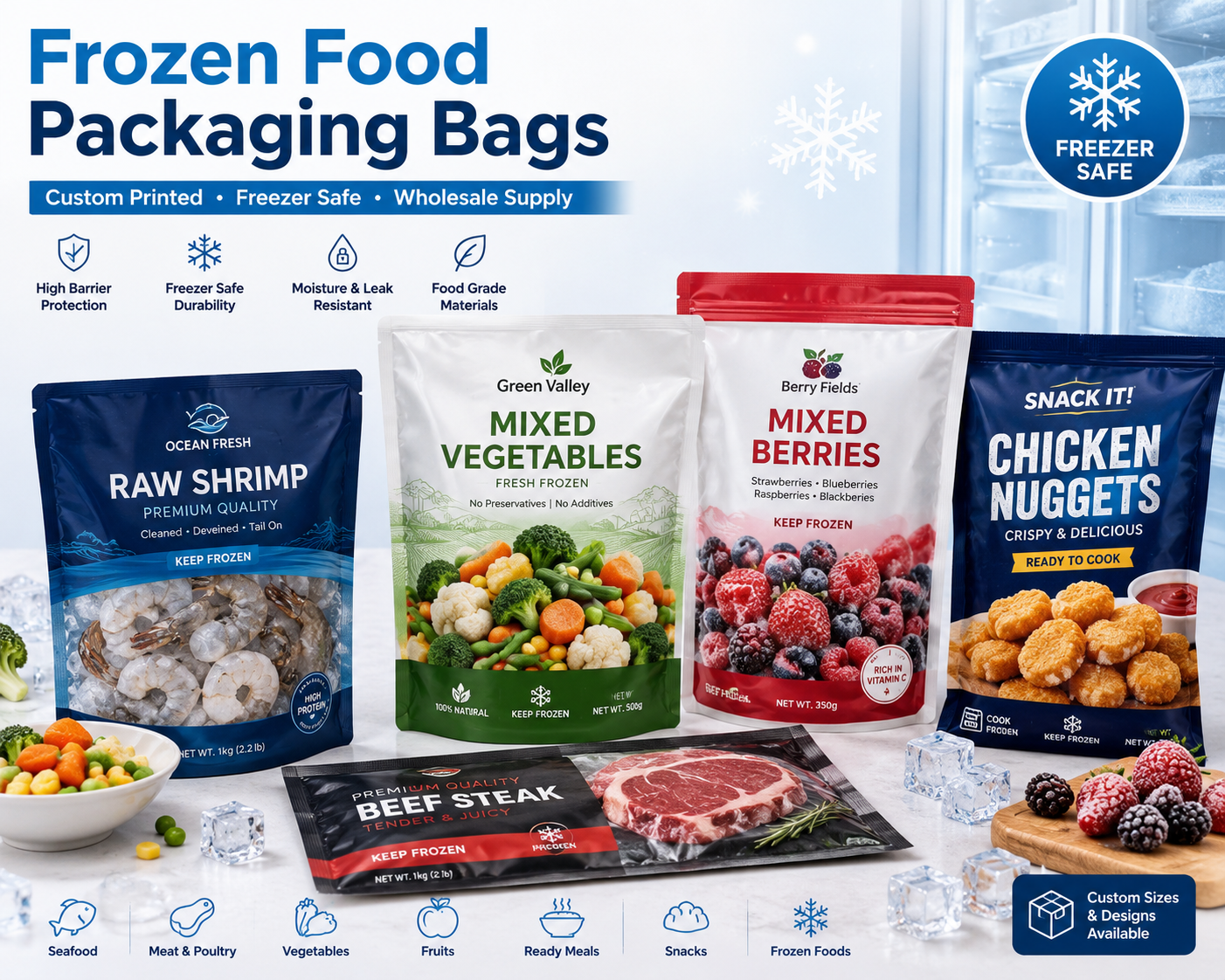 Custom frozen food packaging bags for shipping, wholesale distribution, frozen vegetables, seafood, meat, and snack food packaging applications.